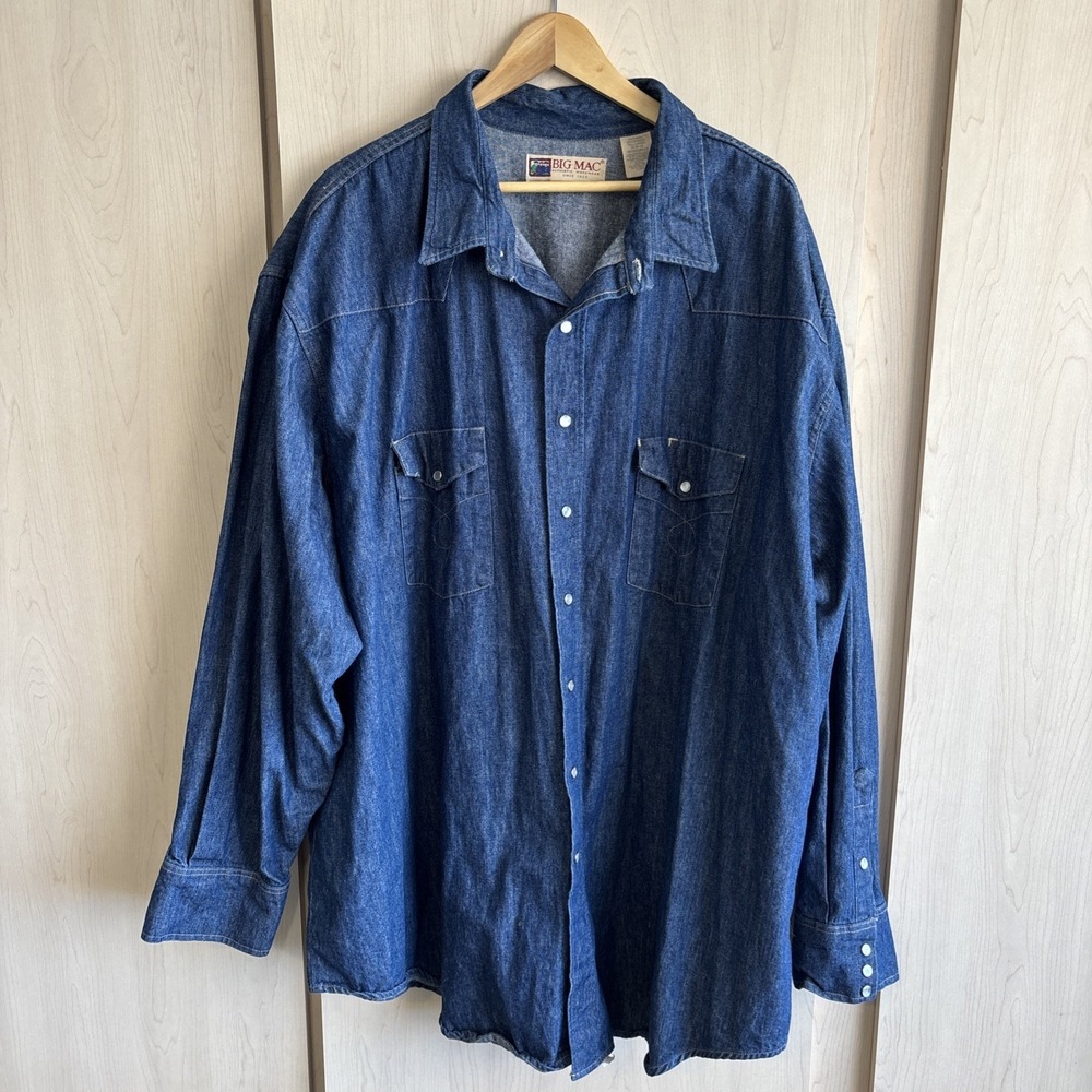 Big Mac Vintage Pearl Snap Long Sleeve Western Shirt Mens 4XLT Denim Blue 80's